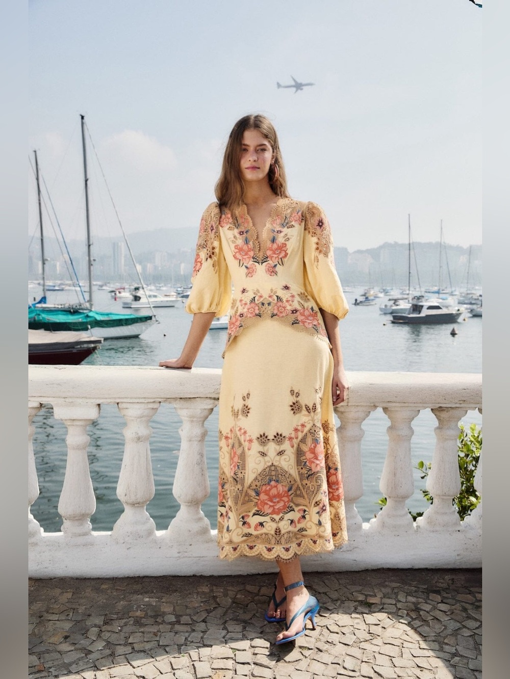 FARM RIO Butter Yellow Embroidered Midi Dress
